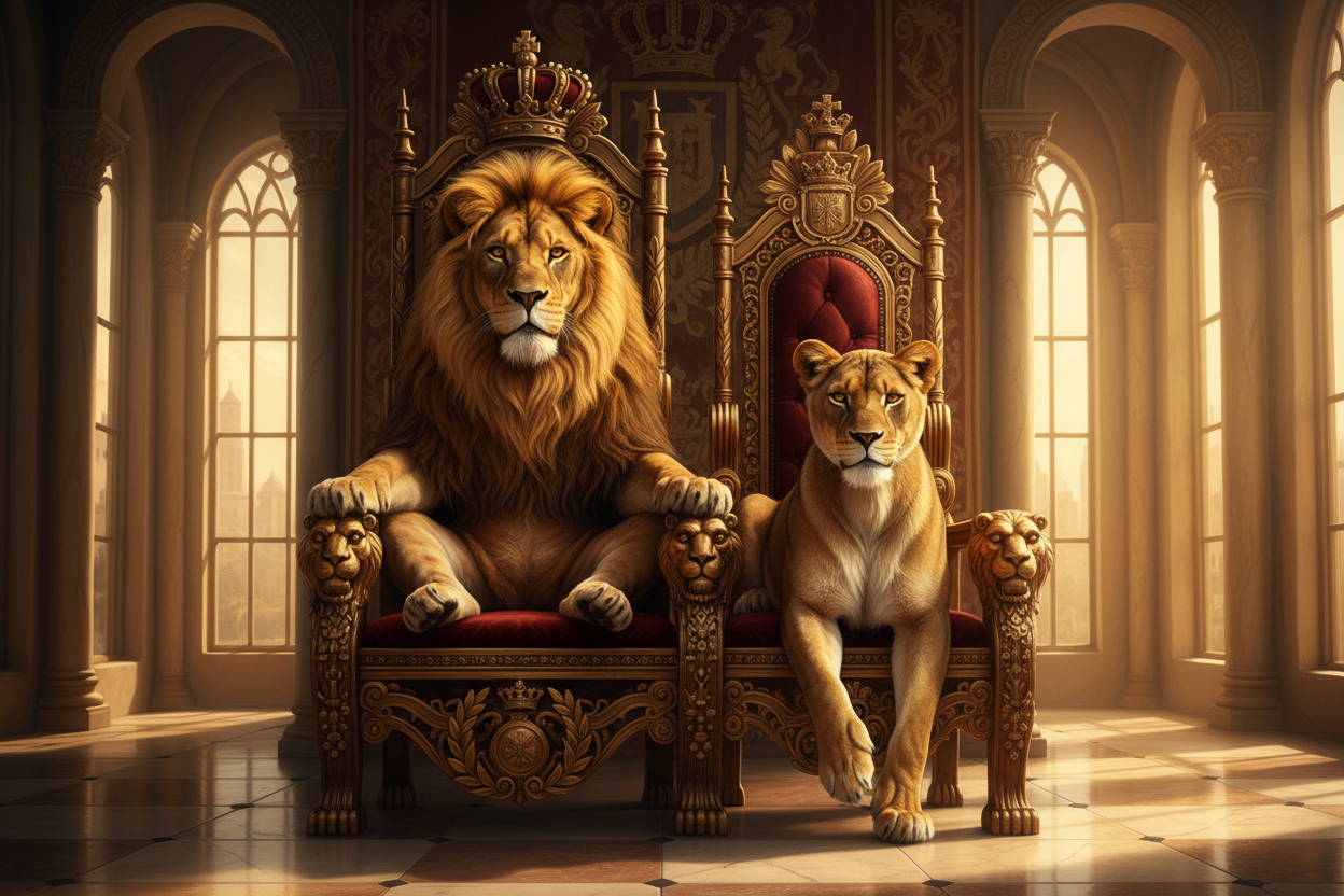 Lion and Lioness sitting on a throne 